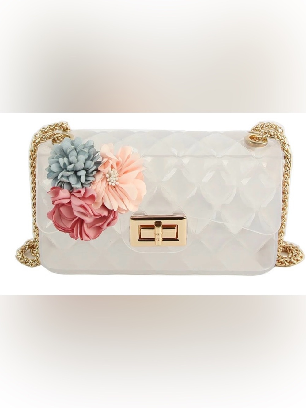 White Floral Jelly Bag Crossbody Clutch with Gold Chain and Twist lock NWT